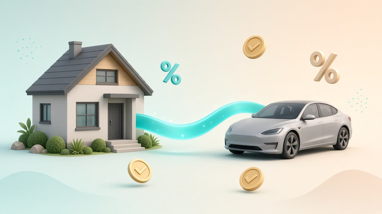 A house and a car connected by a ribbon with floating coins