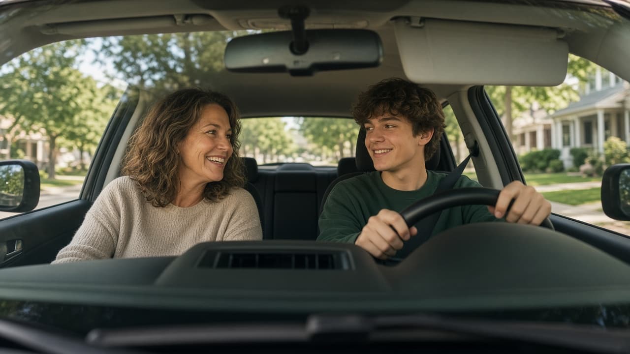 Parent and teenage driver smiling inside a car