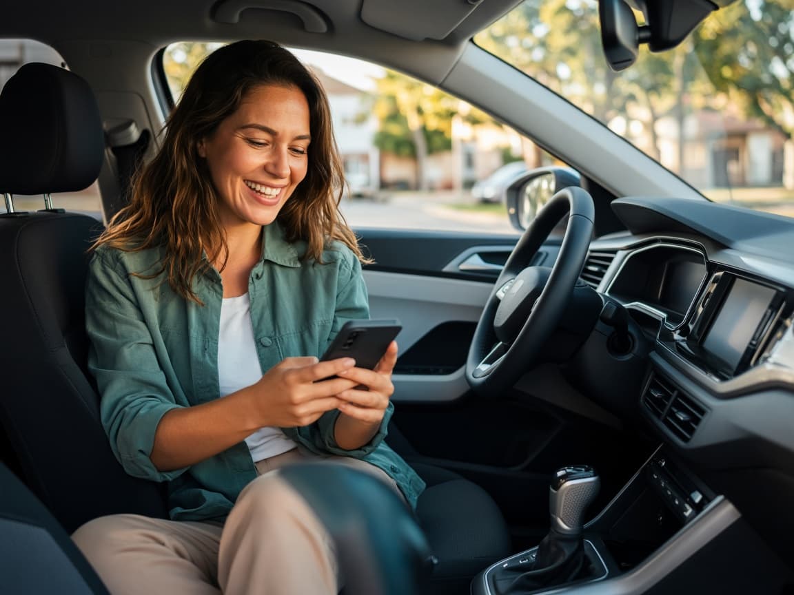 Smiling driver reviewing car insurance options on her phone